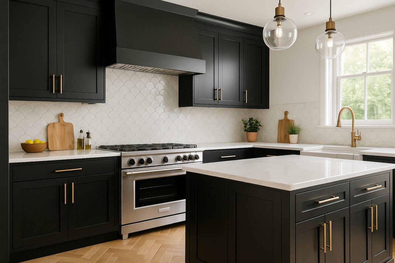 black shaker kitchen with fish scale marble splashback and range 2025