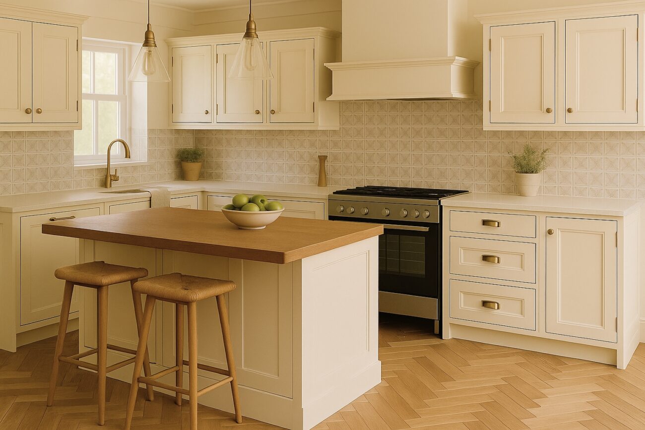 Cream shaker kitchen with decorative tiles herringbone flooring 2025