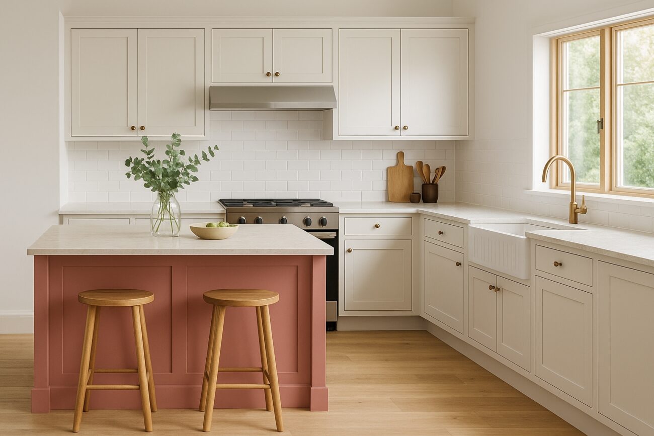 Dusky pink kitchen island with ivory cabinets wood finishes 202