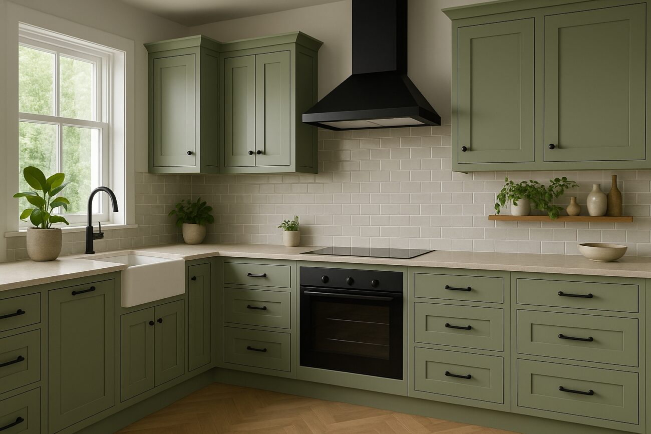 glossy-sage-green-Shaker kitchen with black range cooker 2025