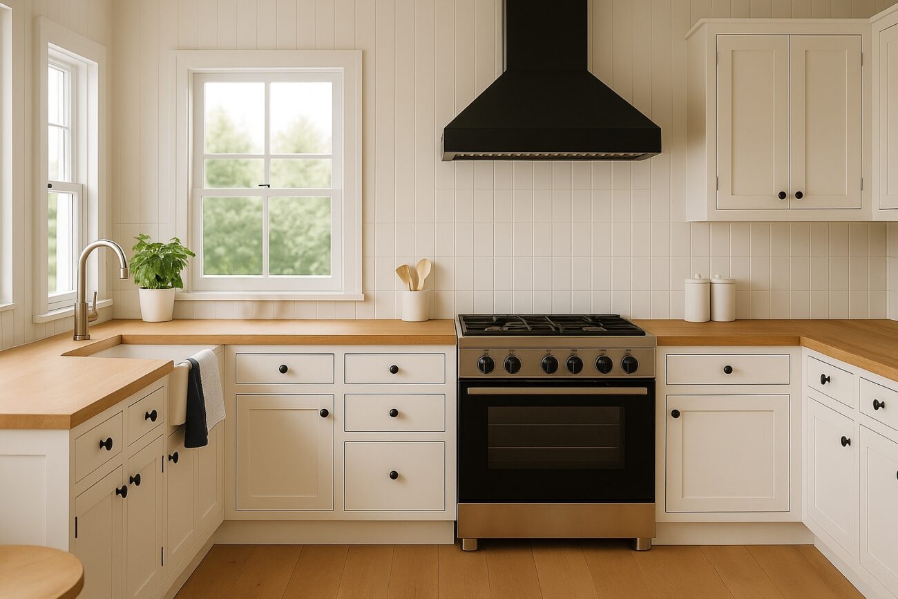 White shaker kitchen black extractor wood worktop 2025 trend